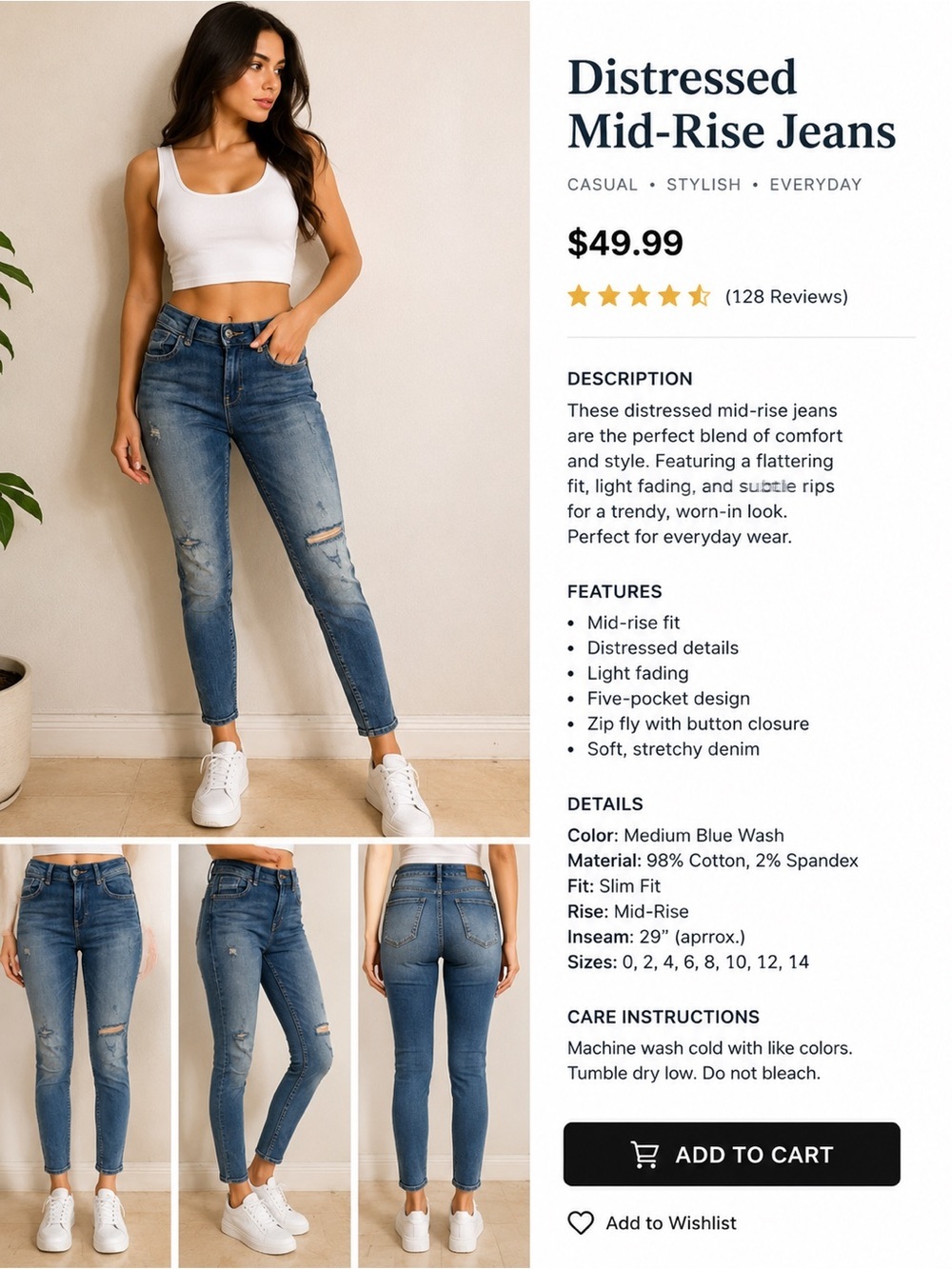Zara Distressed High-Rise Jeans - Medium Blue Wash